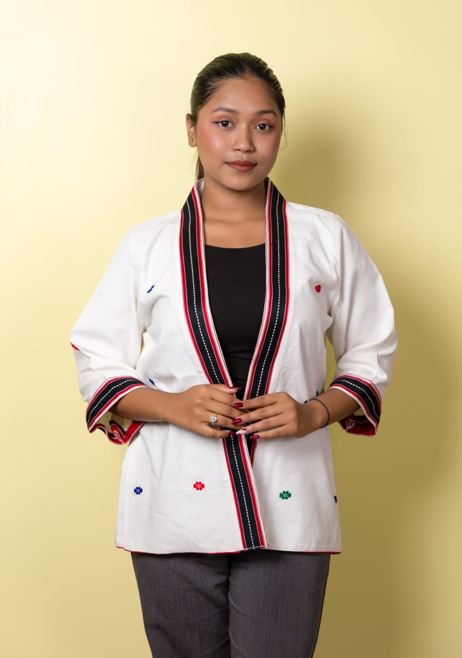 White Shrug with Assamese traditional motifs.